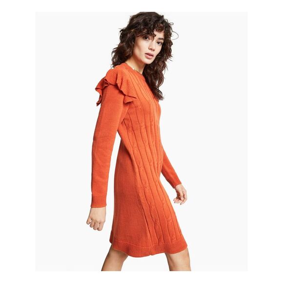 BAR III DRESSES Womens Orange Cable-knit Front Long Sleeve Sweater Dress XS - Picture 3 of 4